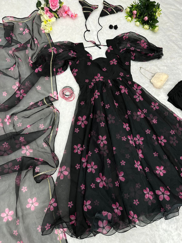 Digital Printed Black Color Organza Silk Anarkali Suit