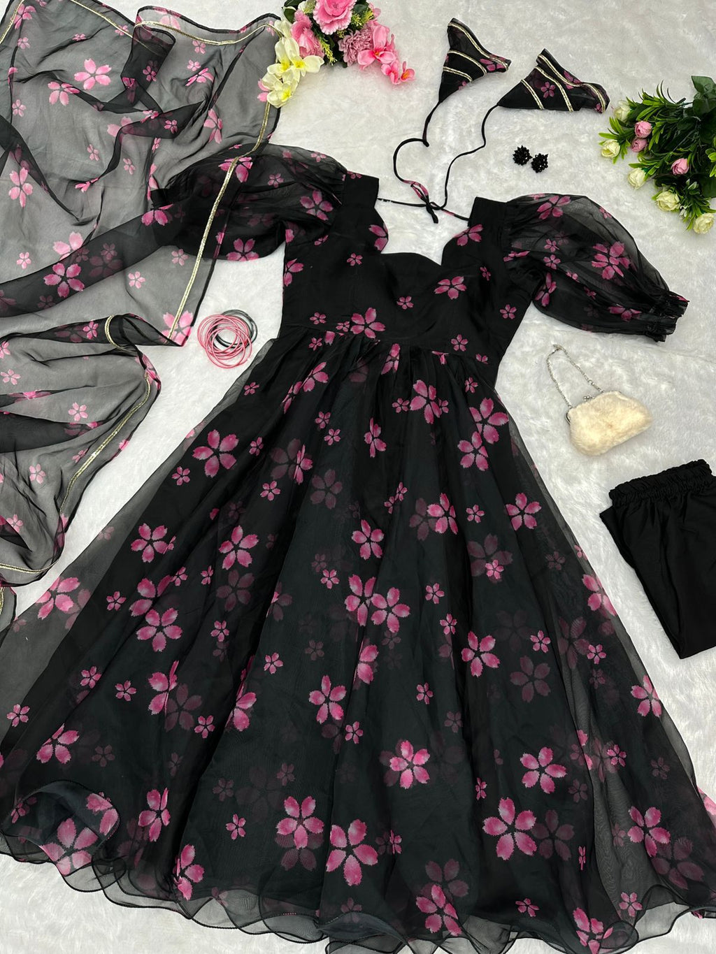 Digital Printed Black Color Organza Silk Anarkali Suit