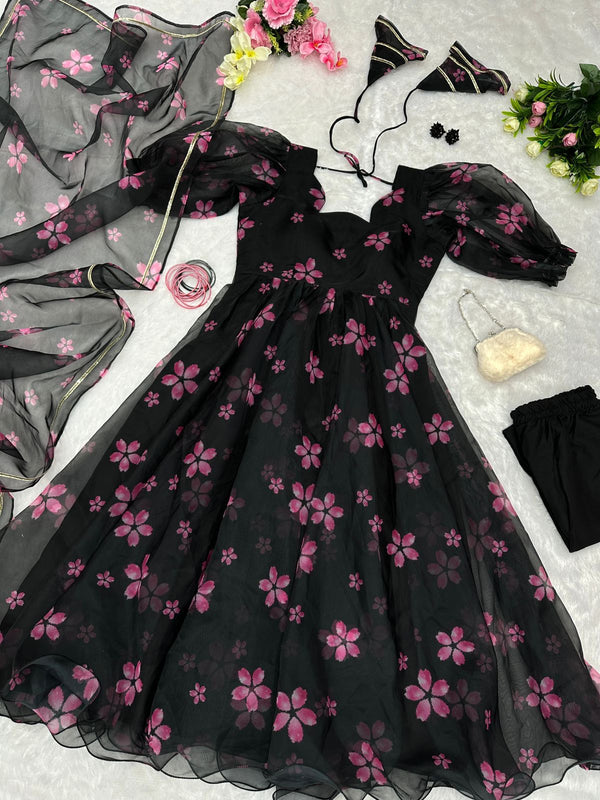 Digital Printed Black Color Organza Silk Anarkali Suit