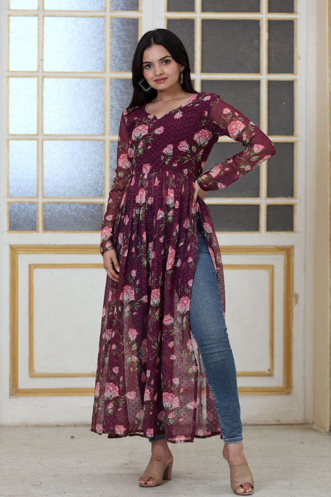 Buy Blue Printed Front Slit Georgette Long Kurti Online in India |  Colorauction