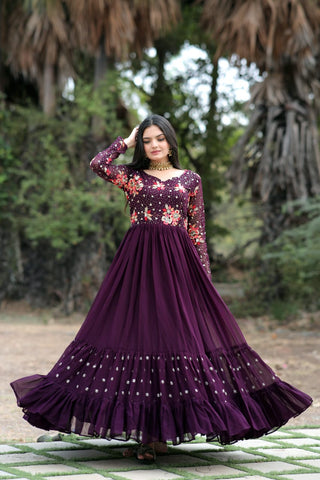 Beautiful Sequins Work Wine Color Long Gown