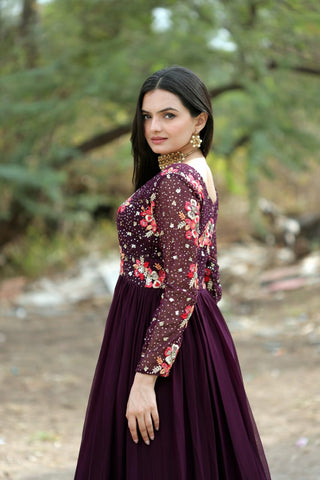 Beautiful Sequins Work Wine Color Long Gown