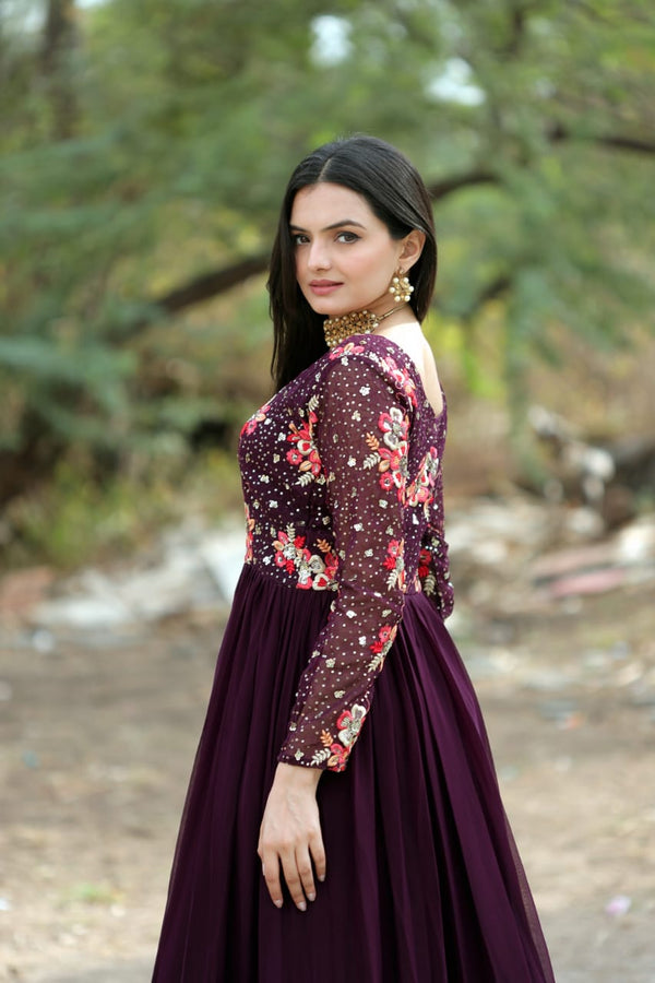 Beautiful Sequins Work Wine Color Long Gown