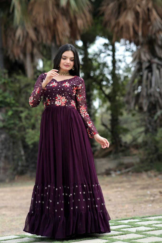 Beautiful Sequins Work Wine Color Long Gown - Clothsvilla Beautiful Sequins Work Wine Color Long Gown - Clothsvilla