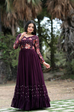 Load image into Gallery viewer, Beautiful Sequins Work Wine Color Long Gown