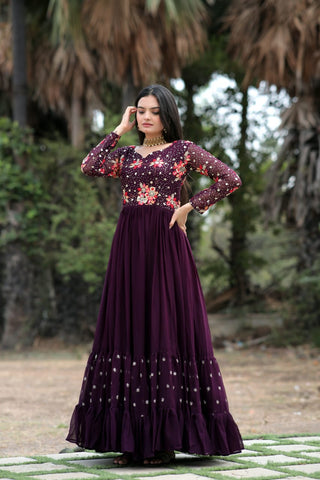 Beautiful Sequins Work Wine Color Long Gown