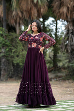 Load image into Gallery viewer, Beautiful Sequins Work Wine Color Long Gown