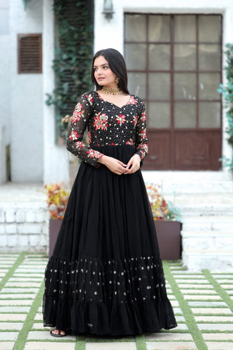 Black Velvet Gown with Gold Embroidery – Pinkcow Designs Private Limited