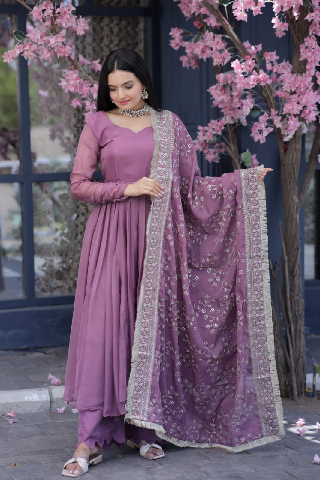 Lovely Dusty Pink Color Gown With Embroidered Work Dupatta Main image
