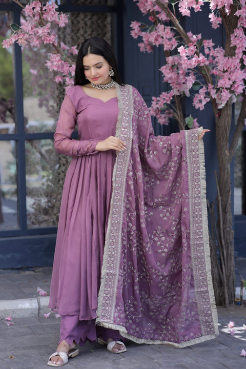 Lovely Dusty Pink Color Gown With Embroidered Work Dupatta Main image