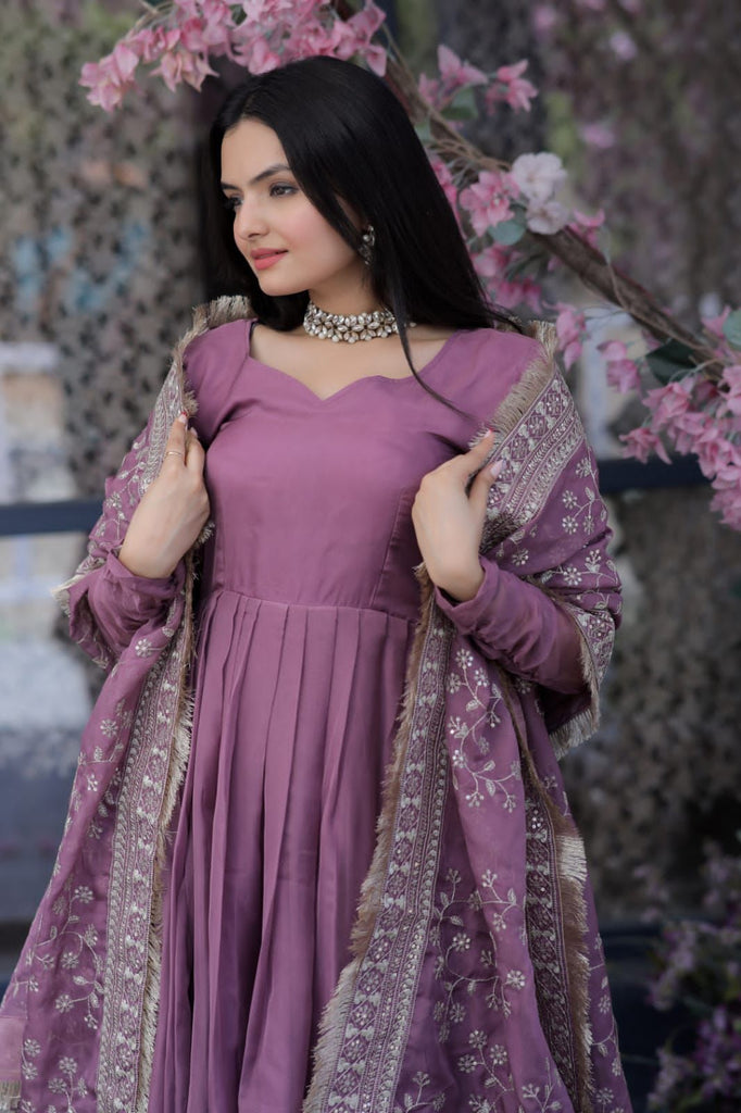 Lovely Dusty Pink Color Gown With Embroidered Work Dupatta