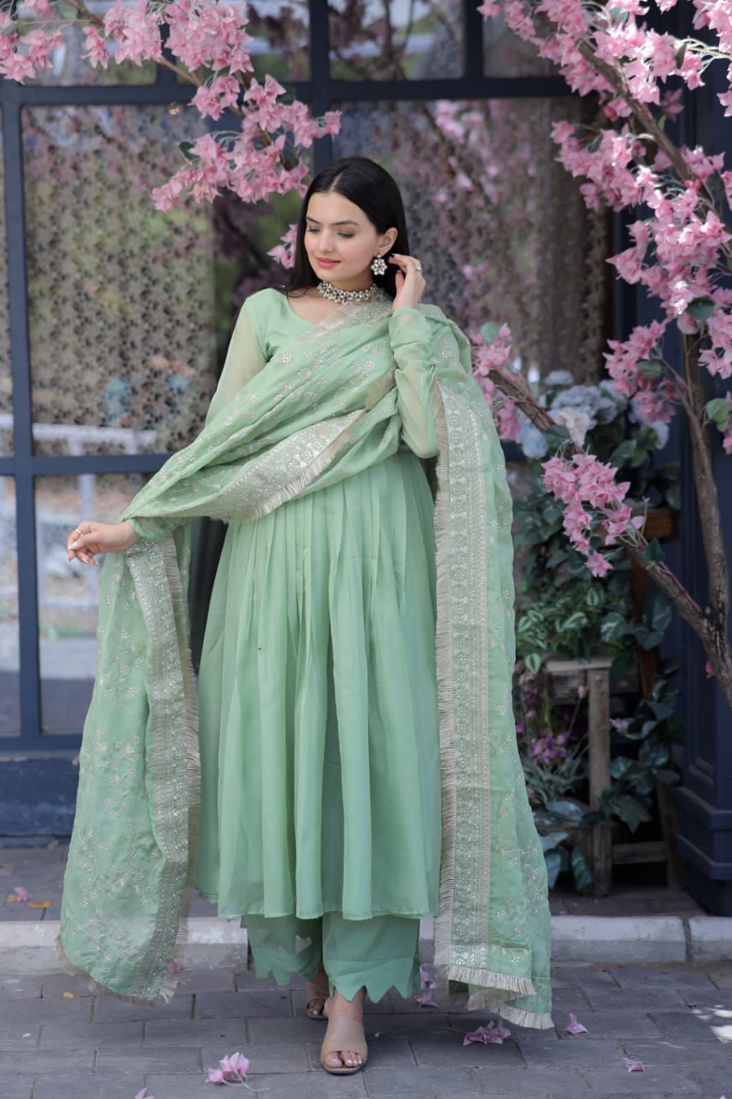 Lovely Pista Green Color Gown With Embroidered Work Dupatta Main image