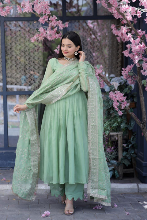 Lovely Pista Green Color Gown With Embroidered Work Dupatta Main image