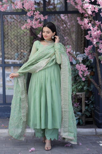 Featuring pista green designer party wear dress. FABRIC: Handloom, Tussar  silk BOTTOM:… | Green designer dress, Combination dresses, Green color  combination dresses