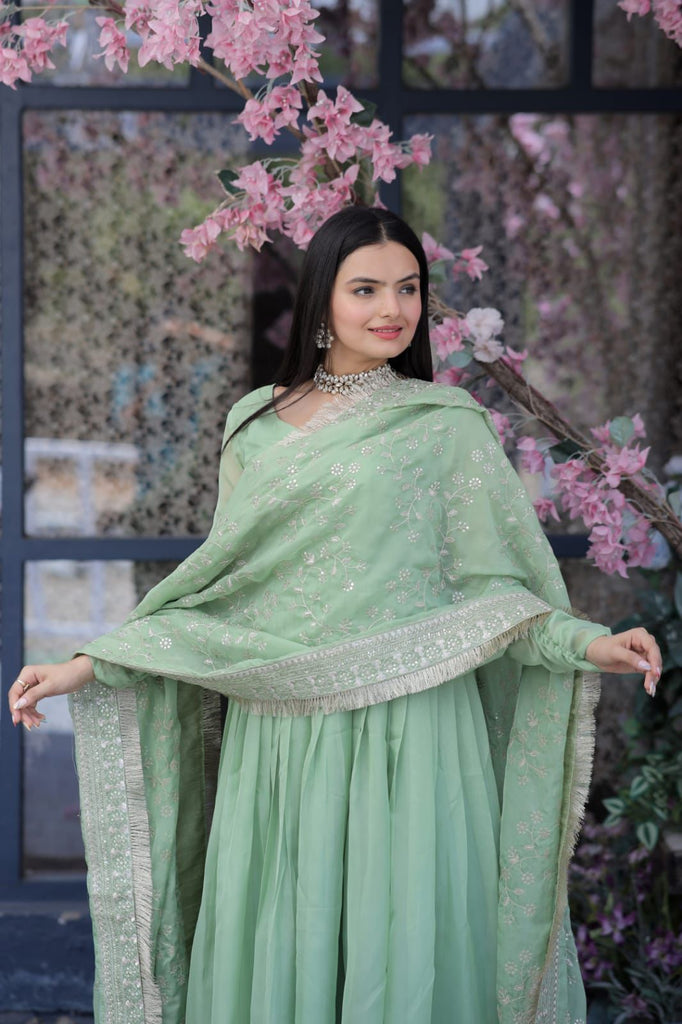 Pista Green Party Wear Heavy Embroidered Georgette Gown