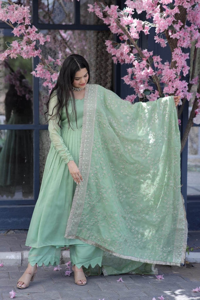 Lovely Pista Green Color Gown With Embroidered Work Dupatta