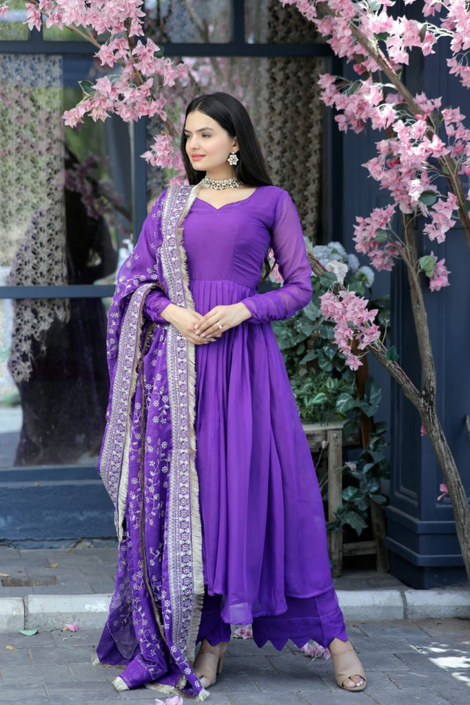 Lovely Purple Color Gown With Embroidered Work Dupatta Lovely Purple Color Gown With Embroidered Work Dupatta