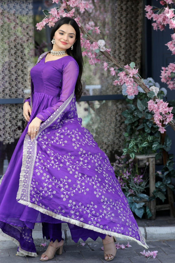 Lovely Purple Color Gown With Embroidered Work Dupatta