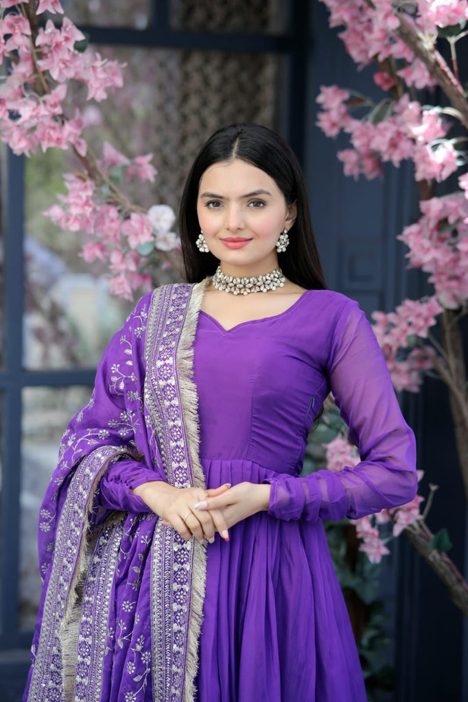 Lovely Purple Color Gown With Embroidered Work Dupatta