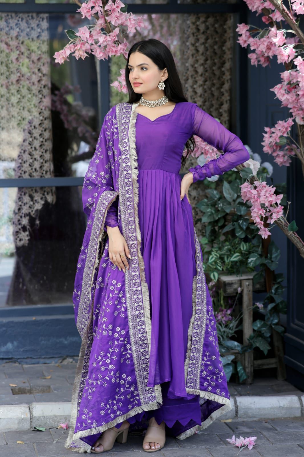 Lovely Purple Color Gown With Embroidered Work Dupatta