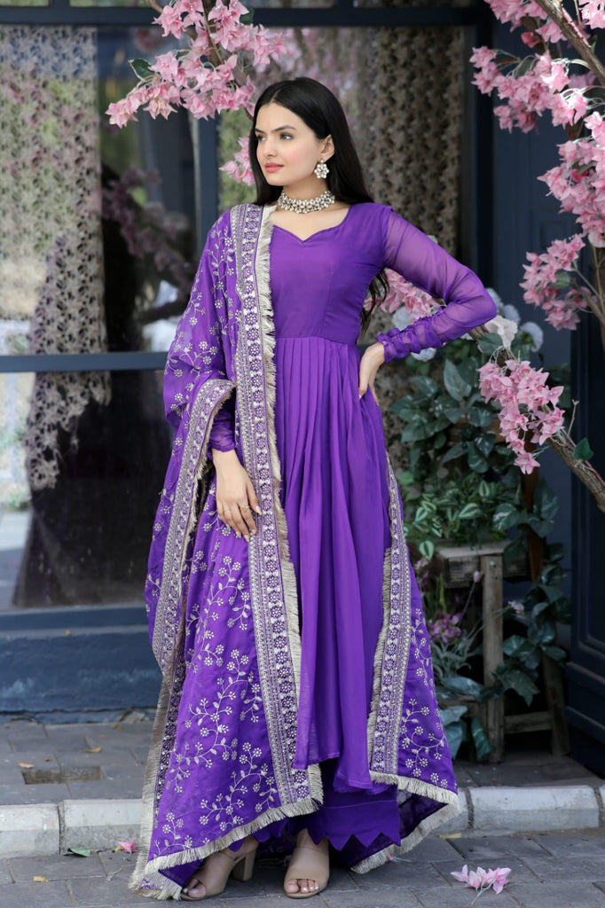 Lovely Purple Color Gown With Embroidered Work Dupatta