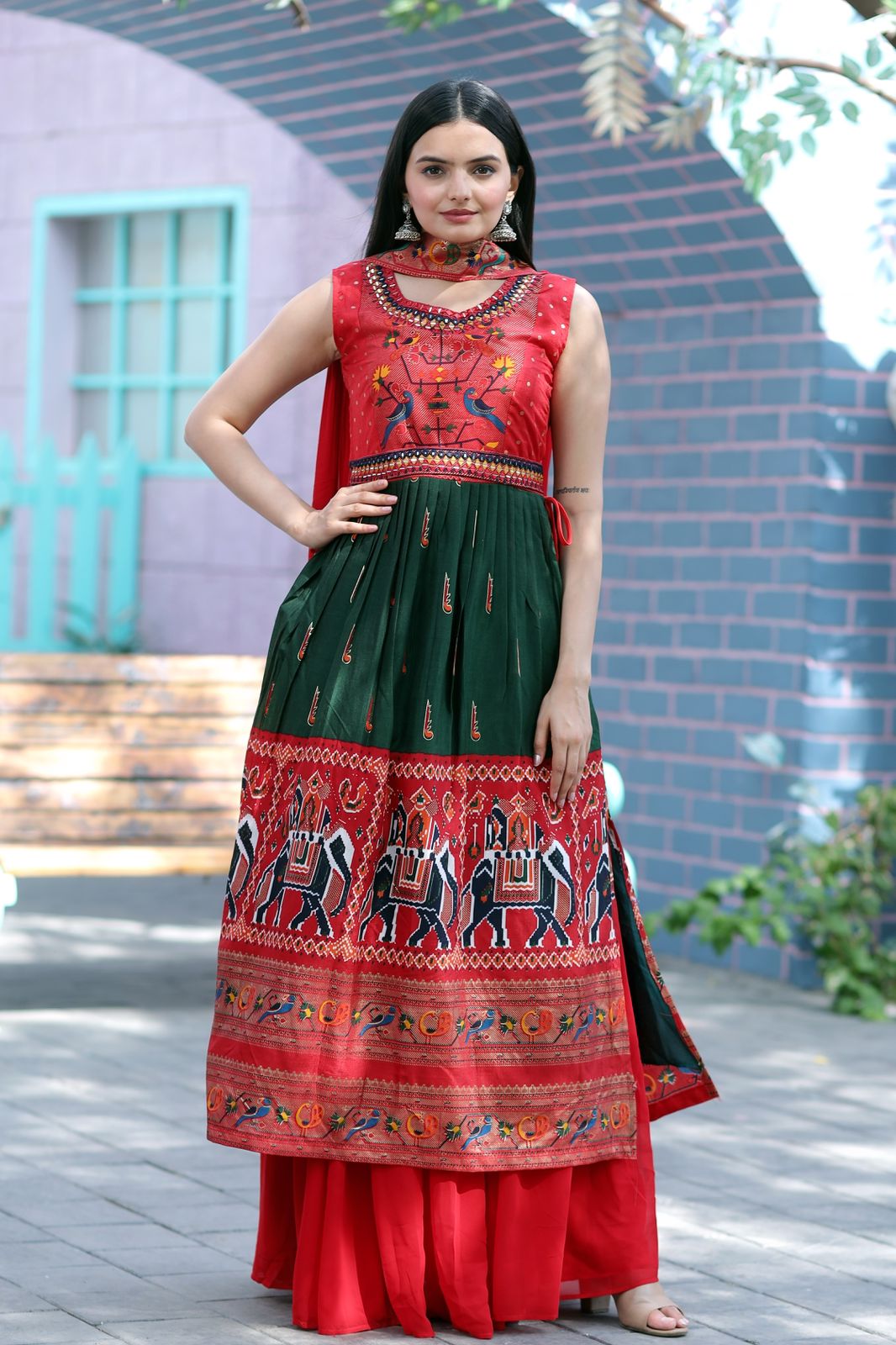 Designer Hand Mirror Work Red With Green Sharara Suit Clothsvilla