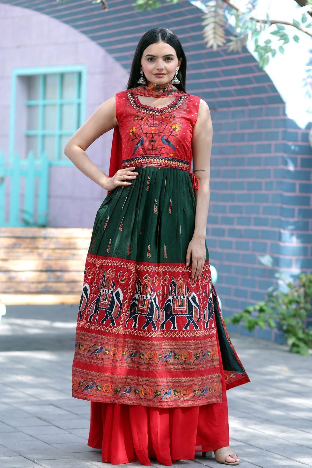 Designer Hand Mirror Work Red With Green Sharara Suit Clothsvilla