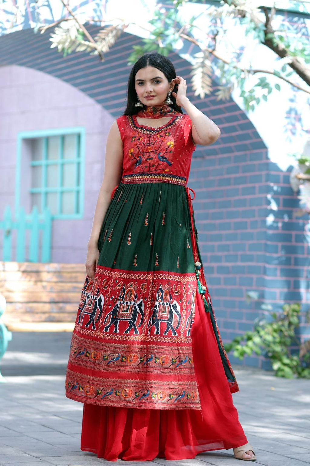 Designer Hand Mirror Work Red With Green Sharara Suit Clothsvilla