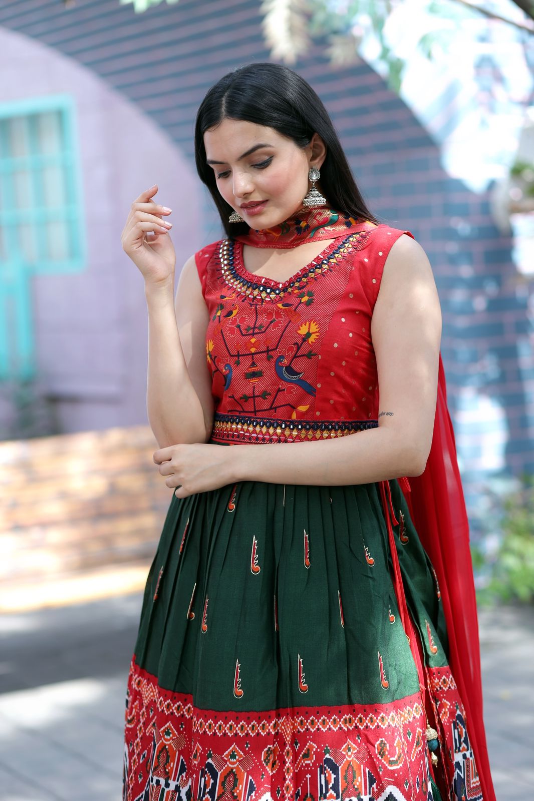 Designer Hand Mirror Work Red With Green Sharara Suit Clothsvilla