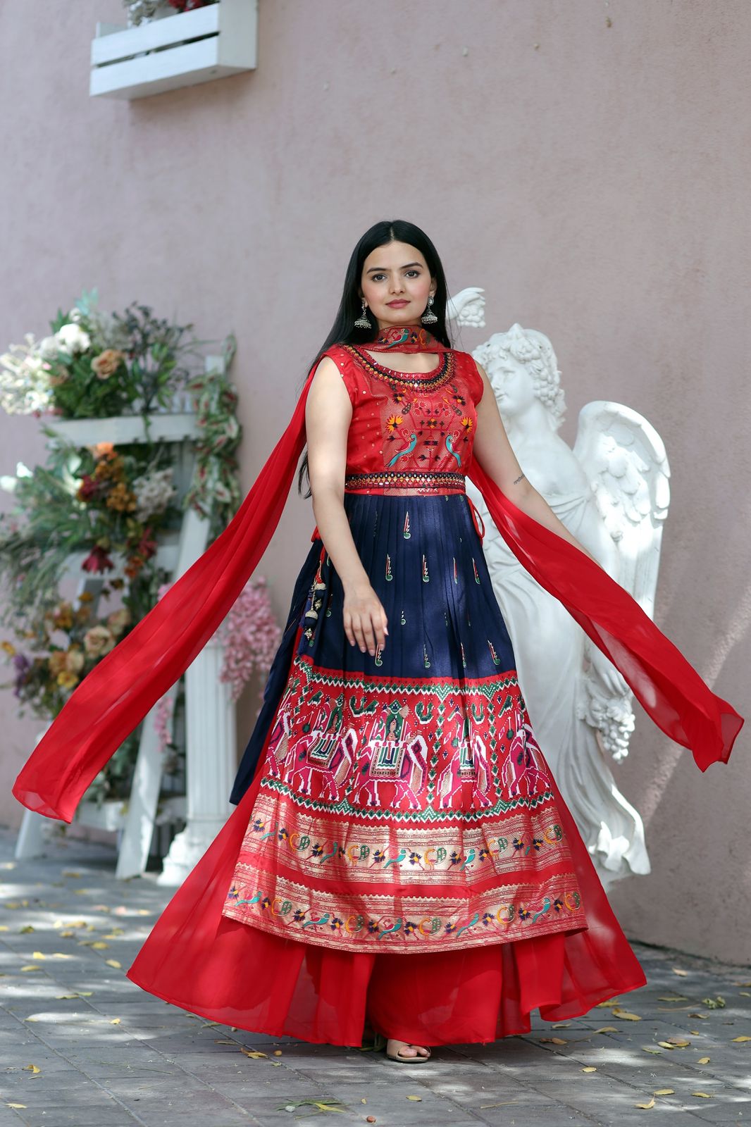 Designer Hand Mirror Red With Navy Blue Sharara Suit Clothsvilla