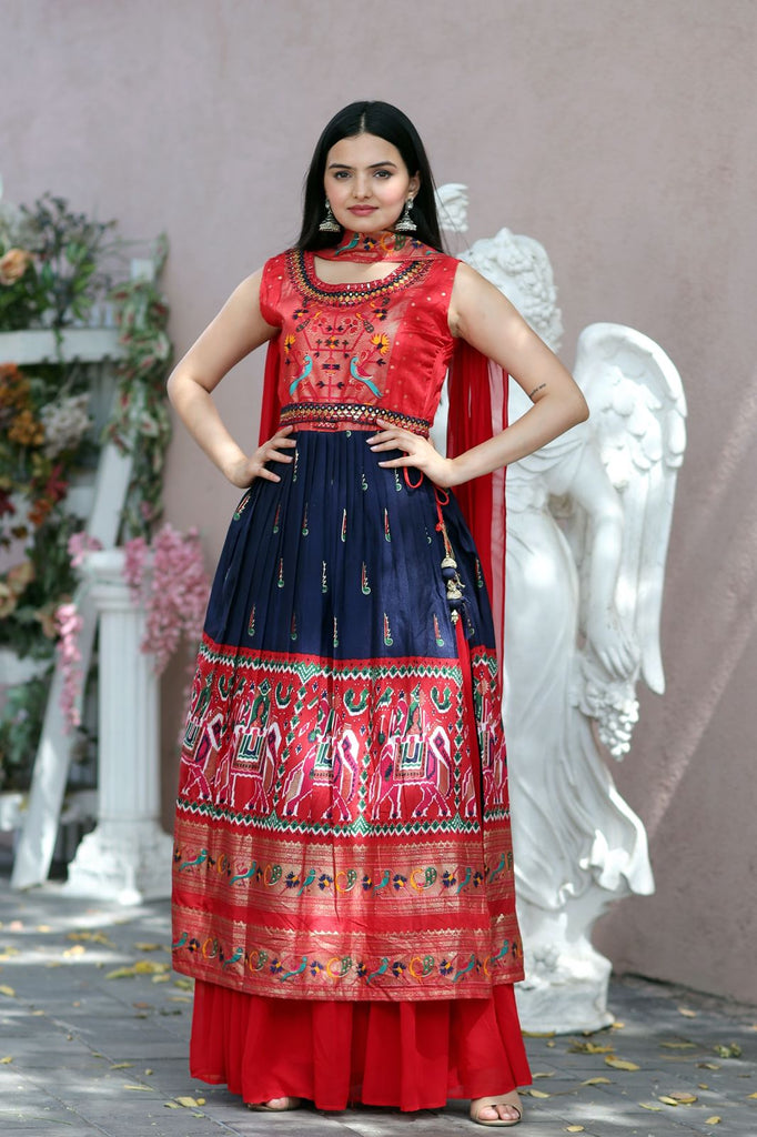 Designer Hand Mirror Red With Navy Blue Sharara Suit Clothsvilla