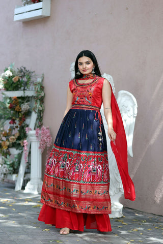 Designer Hand Mirror Red With Navy Blue Sharara Suit Clothsvilla