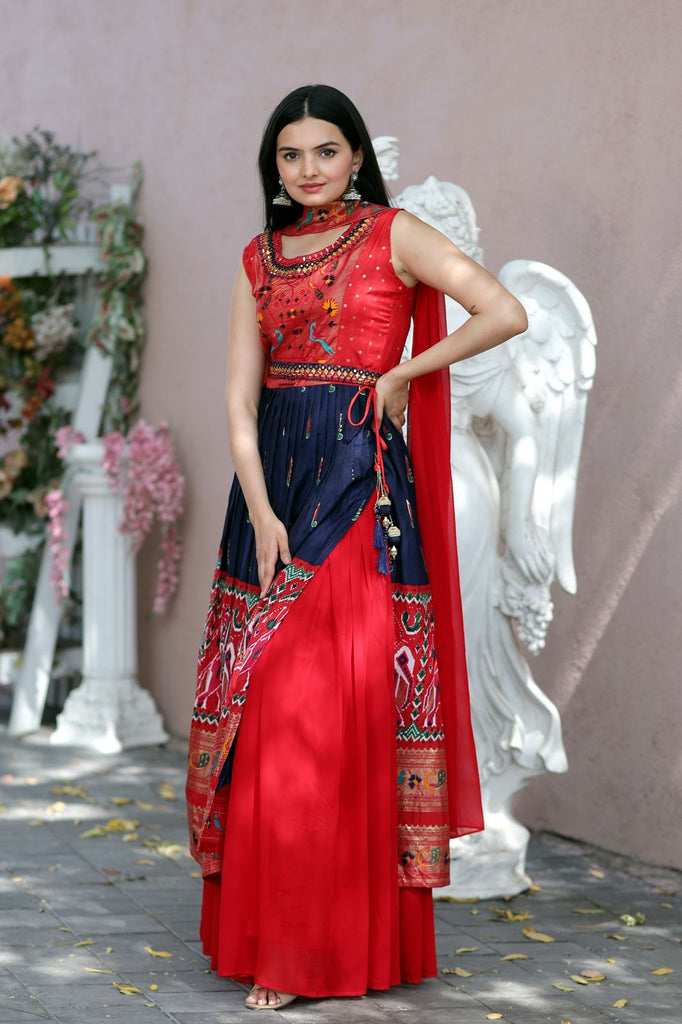 Designer Hand Mirror Red With Navy Blue Sharara Suit Clothsvilla