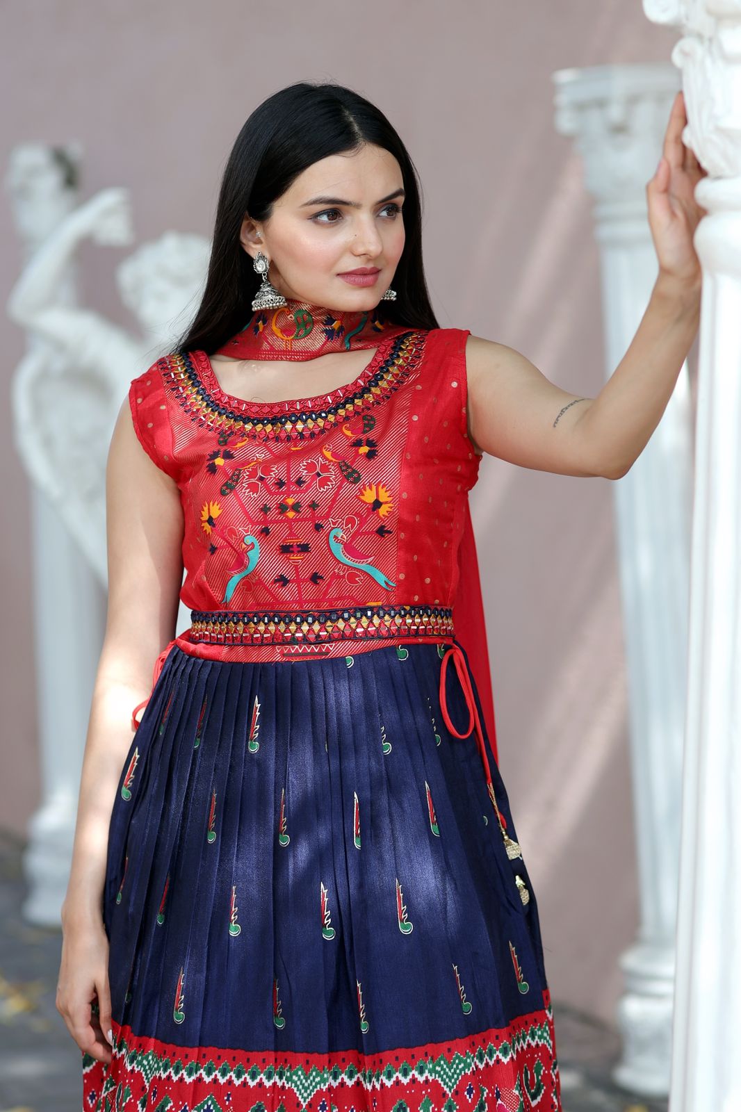 Designer Hand Mirror Red With Navy Blue Sharara Suit Clothsvilla