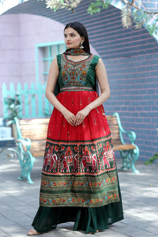 Designer Hand Mirror Work Green With Red Sharara Suit Clothsvilla