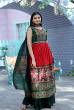 Load image into Gallery viewer, Designer Hand Mirror Work Green With Red Sharara Suit Clothsvilla