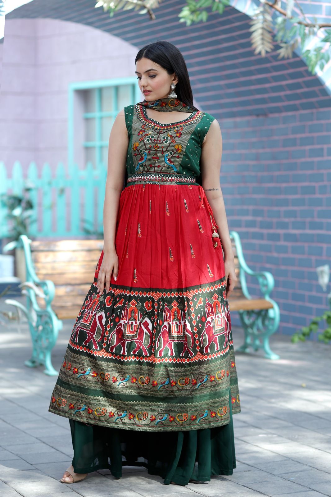 Designer Hand Mirror Work Green With Red Sharara Suit Clothsvilla