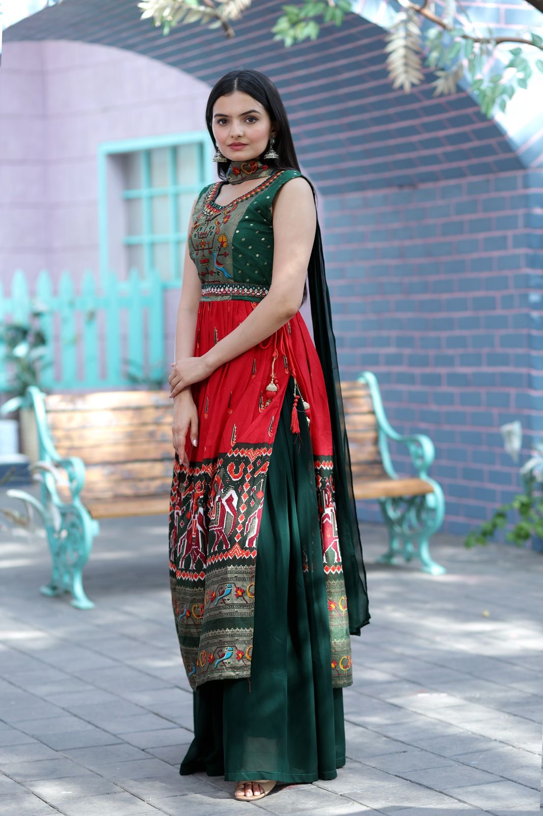 Designer Hand Mirror Work Green With Red Sharara Suit Clothsvilla