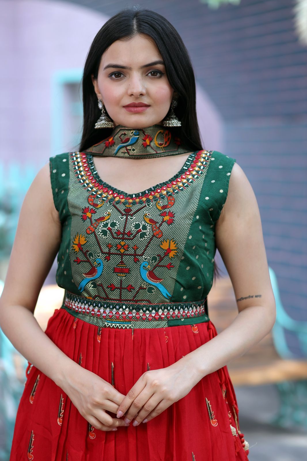 Designer Hand Mirror Work Green With Red Sharara Suit Clothsvilla