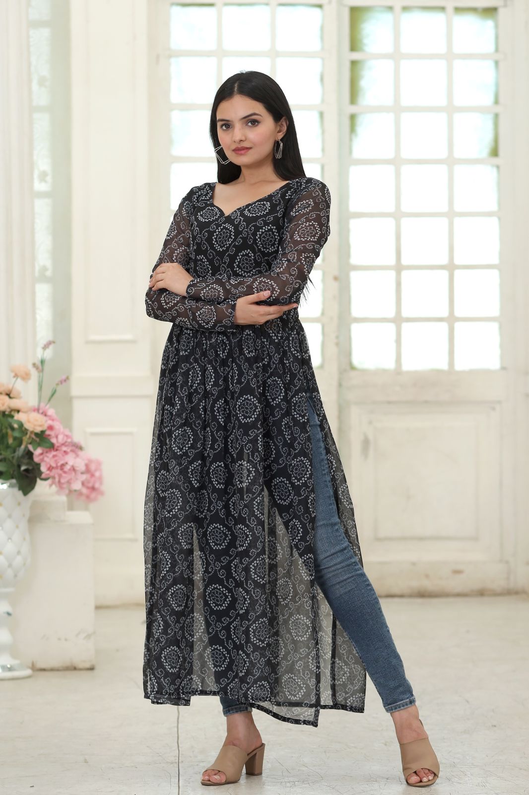 Party Wear Full Sleeves Black Color Kurti Clothsvilla