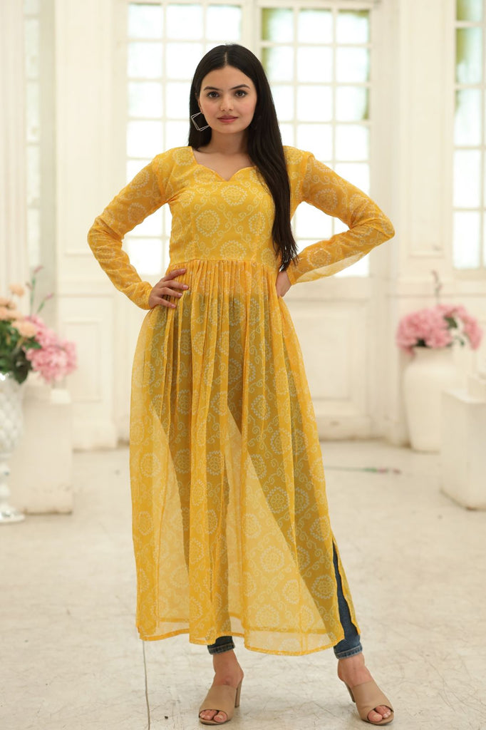 Party Wear Full Sleeves Yellow Color Kurti Clothsvilla