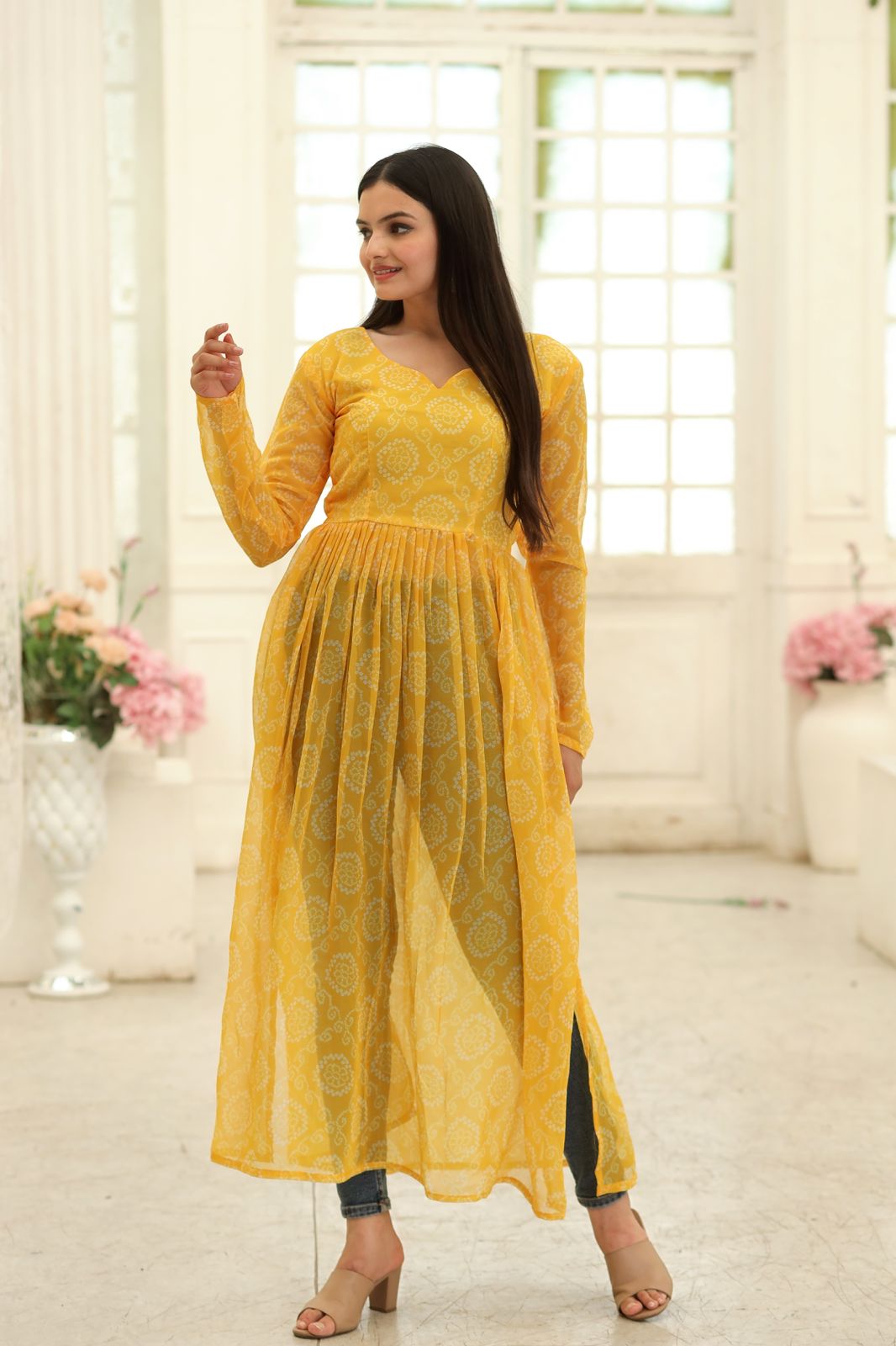 Party Wear Full Sleeves Yellow Color Kurti Clothsvilla