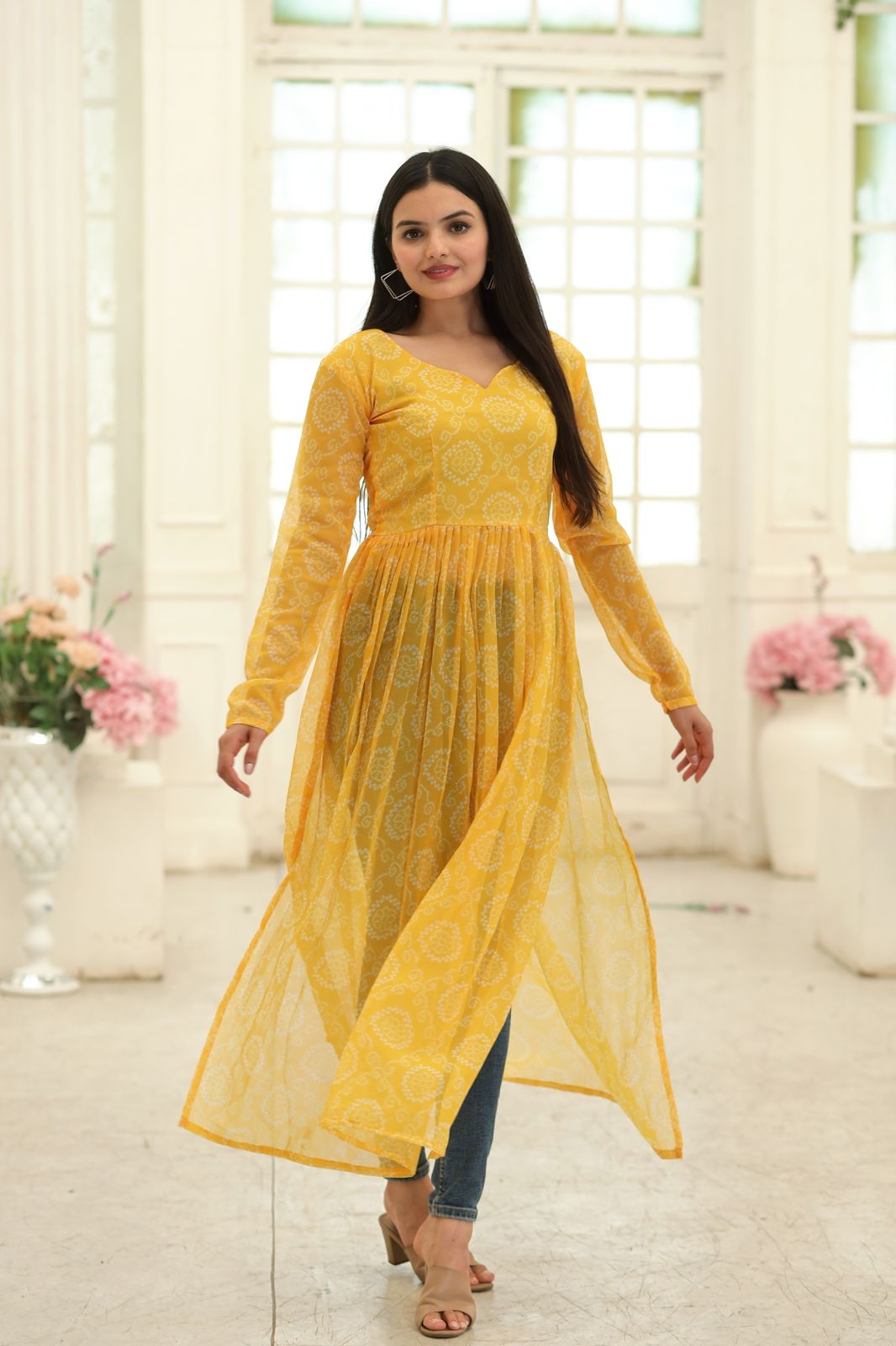 Party Wear Full Sleeves Yellow Color Kurti