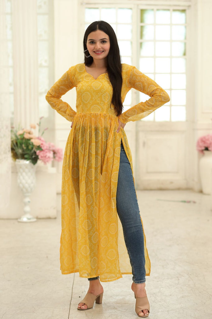 Party Wear Full Sleeves Yellow Color Kurti Clothsvilla