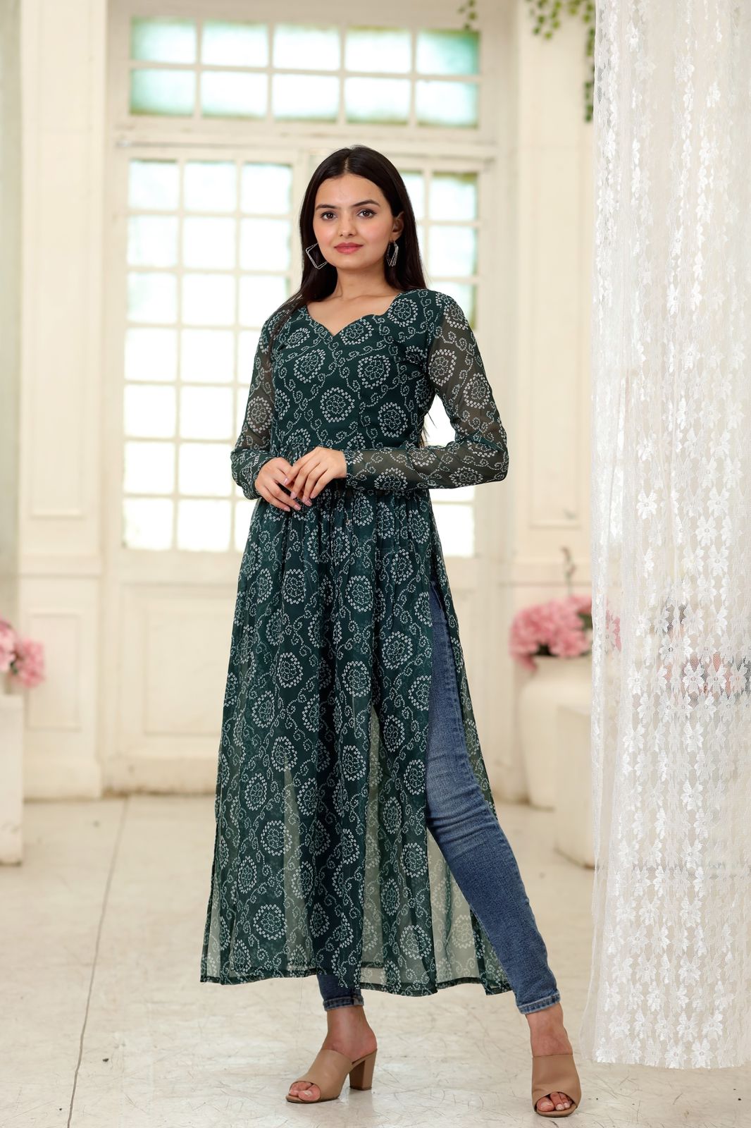 Party Wear Full Sleeves Green Color Kurti Clothsvilla
