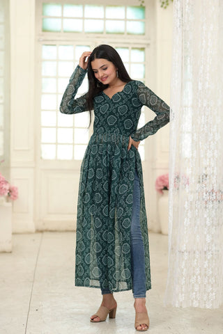 Party Wear Full Sleeves Green Color Kurti Clothsvilla