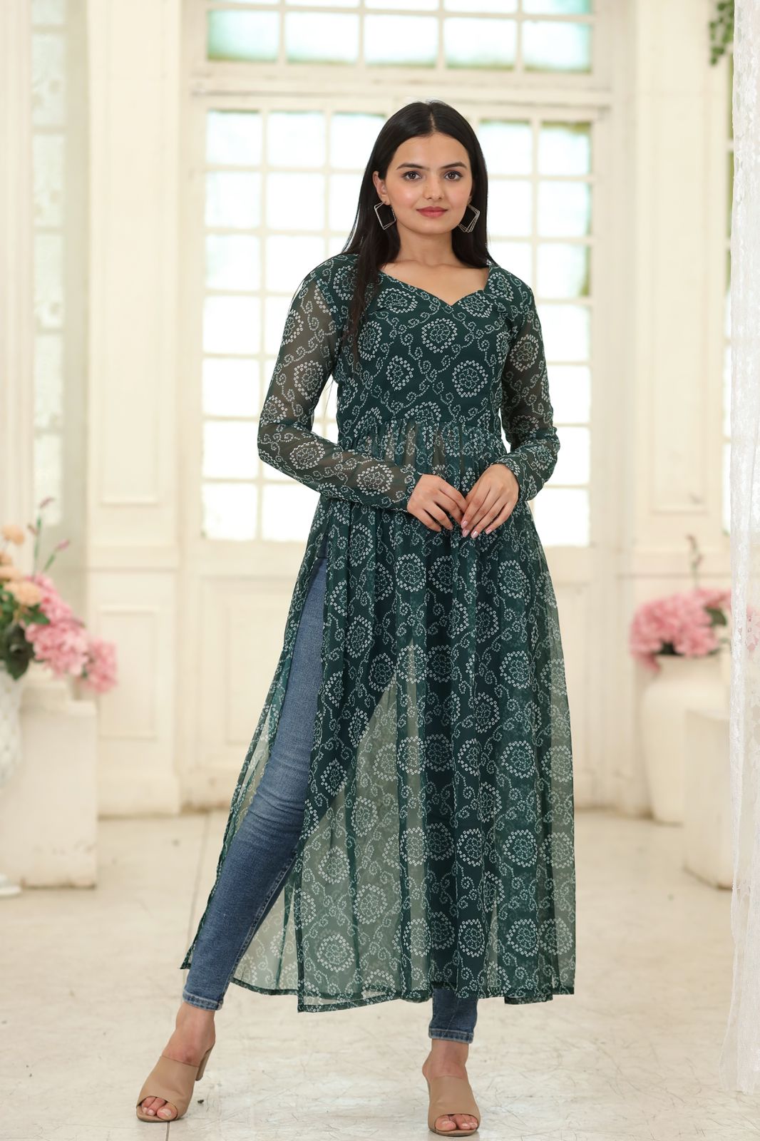 Party Wear Full Sleeves Green Color Kurti Clothsvilla