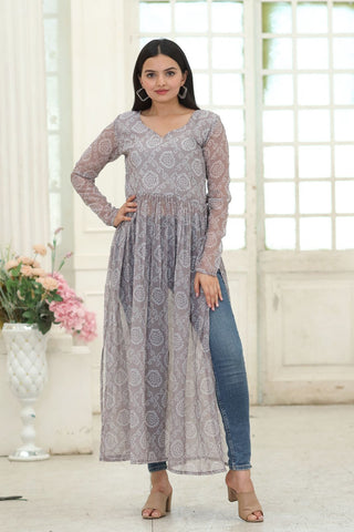 Party Wear Full Sleeves Gray Color Kurti Clothsvilla