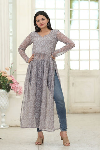 Party Wear Full Sleeves Gray Color Kurti Clothsvilla