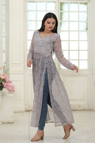 Party Wear Full Sleeves Gray Color Kurti Clothsvilla